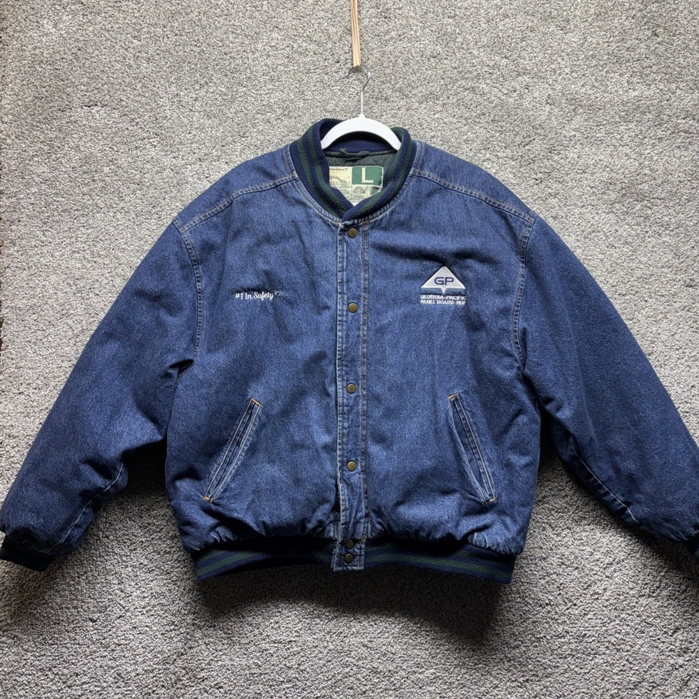 VTG WearGuard Denim Bomber Jacket Mens LARGE Chore Quilted Insulated GP Logo 90s